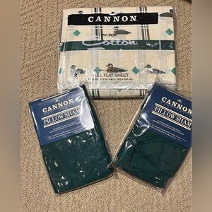 VINTAGE New 70’s CANNON Duck Mallard Full Flat Sheet 81x96”2 Pillows green Shams